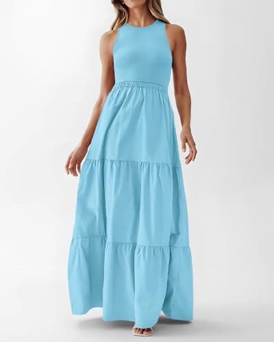 BTFBM Women Sleeveless Summer Dresses Wedding Guest Maxi Dresses Ribbed Knit Tops and Polyester Skirt with Pockets(Solid Light Blue,Medium) - Thumbnail 4