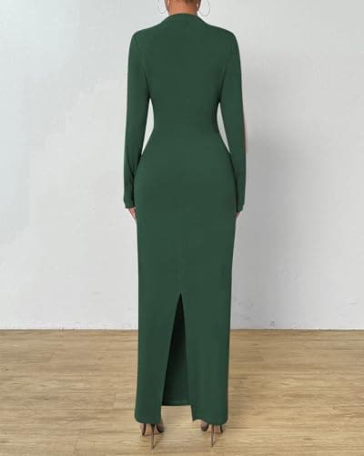 BTFBM Women Bodycon Maxi Dress Long Sleeve Back Slit Ruched Elegant Party Cocktail Formal Fall Wedding Guest Dresses(Army Green, X-Large) - Thumbnail 4