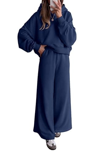PRETTYGARDEN Women 2 Piece Lounge Sets Long Sleeve Hoodies Wide Leg Sweatpants Sweatsuits Workout Set Fall Outfits 2026(Navy Blue,Large) - Image 1