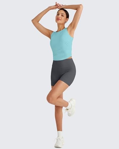 G4Free Women's Crop Athletic Tank Tops High Neck Workout Tanks Ruched Side Slim Fit Yoga Top for Gym Running Fitness(Light Blue,L) - Thumbnail 5