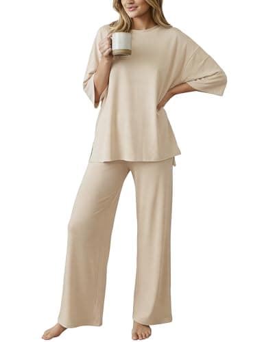 PATPAT Lounge Sets for Women Short Sleeve Pajama Set Soft Comfy Elastic Pjs 2 Piece Loungewear Outfits with Pockets Beige, S - Image 1