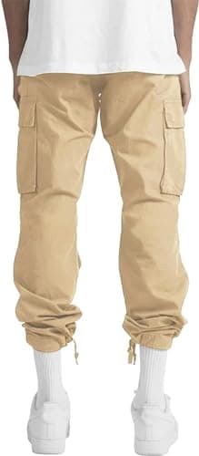 ALLABREVE Mens Casual Joggers Pants Hiking Drawstring Chino Cargo Pants Lightweight Outdoor Twill Track Jogging Sweatpants Cotton Loose Straight Leg Pants (Beige 30) - Thumbnail 5
