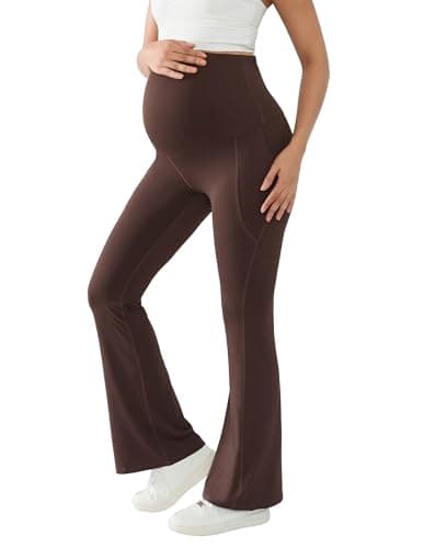 BRATUC Maternity Flare Pants Buttery Soft Bootcut Pregnancy Yoga Leggings Over Belly Workout Bell Bottoms with Pockets (X-Large, Coffee Brown) - Image 1