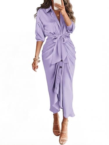 BTFBM Summer Dresses for Women 2026 Long Sleeve V Neck Button Down Elegant Belted Ruched Satin Silk Shirt Fall Dress(Purple, Medium) - Image 1
