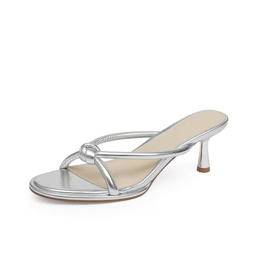 Easyfox Silver heels for Women Sandals Rounded Open Toe Kitten Heels Mules Slip on Silver Sandals Shoes Size 9.5 - Image 1