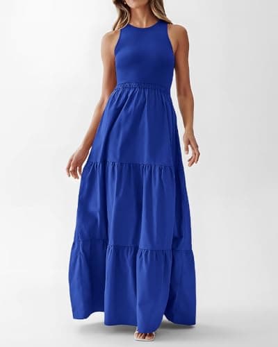 BTFBM Women Sleeveless Summer Dresses Wedding Guest Maxi Dresses Ribbed Knit Tops and Polyester Skirt with Pockets(Solid Blue,Small) - Thumbnail 4