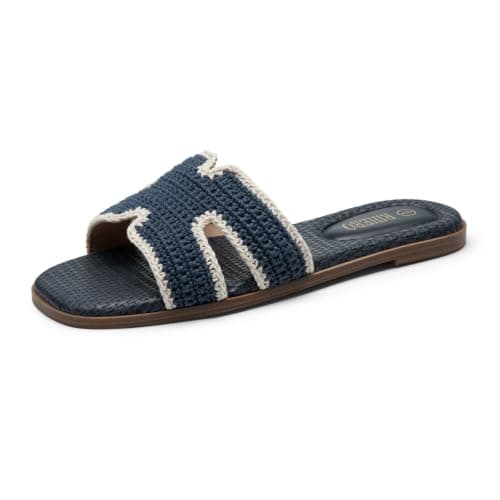 Rihero Flat Sandals for Women Dressy Summer Slip On Square Open Toe Navy Beach Vacations Slide Sandals with Crochet Upper Size 6 - Image 1