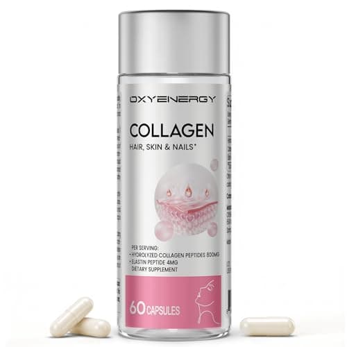 OxyEnergy Collagen Peptides Capsules for Women, Hydrolyzed Collagen Supplements with Elastin Peptides, 60 Collagen Pills to Promotes Hair, Nail, Skin, Capsulas