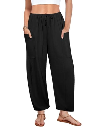 DLOODA Flowy Wide Leg Pants for Women, Drawstring Palazzo Harem Pants Casual Beach Vacation Trousers with Pockets Black - Image 1