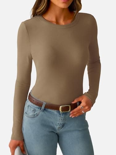 GKBK Ribbed Long Sleeve Shirts for Women Fitted Basic Tight T-Shirts Crewneck Cute Layering Tops Lightweight Fall Sweaters 2026 Fashion Clothes Outfits Light Khaki - Thumbnail 2