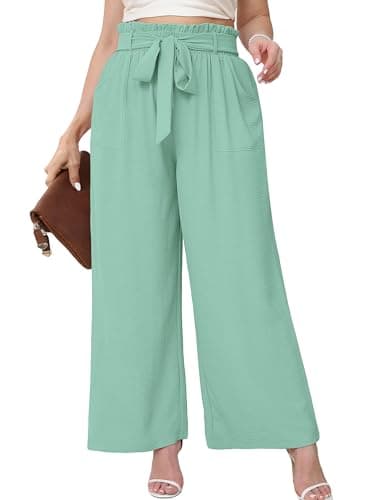 AusLook Women's Plus Size Wide Leg Pants with Pockets Mint Green 4X Lightweight High Waisted Tie Knot Paperbag Dressy Palazzo Loose Paper Bag Comfy Business Casual Work Flowy Dress Ladies' Trousers - Image 1