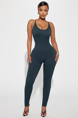 MOOSLOVER Women Strappy Backless One Piece Jumpsuits Tummy Control Padded Workout Rompers(XL,#1 Navy Blue) - Thumbnail 4