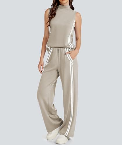 Casly Lamiit Two Piece Sets for Women Lounge Travel Outfits Casual Sweatsuit Matching Airport Clothes Sleeveless Tops Long Jogging Pants Dark Beige XL - Thumbnail 4