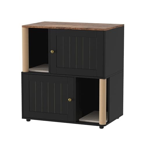 Garvee Cat Litter Box Enclosure for 2 Cats, Double Hidden Litter Box Furniture Cabinet with 2 Scratch Mat and Scratch Post, Modern Farmhouse Wooden Enclosed Cat Washroom, End Side Table