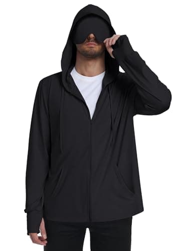 SeSe Code Men’s UPF 50+ Travel Hoodie with Eye Mask Lightweight Sun Protection Zip Jacket Outdoor & Golf Thumb Holes Pockets Black M