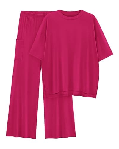 KIRUNDO 2 Piece Lounge Sets for Women Airport Travel Vacation Outfits Summer Casual Loose Short Sleeve Tops & Wide Leg Pants(Rose Red, Small) - Image 1