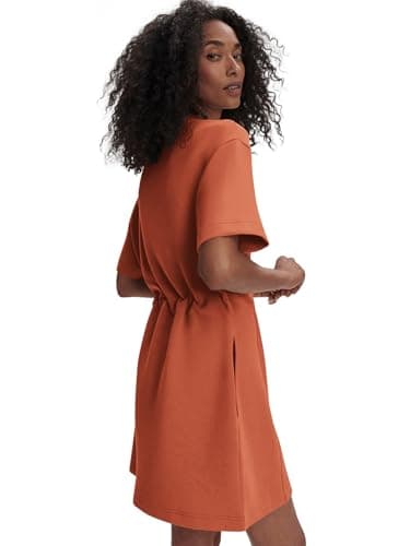 COCOMARTS Dresses for Women Summer Short Sleeve Crew Neck Sweatshirt Dress Drawstring Waist Tunic Tops Mini Vacation Sundress Orange Small - Thumbnail 3
