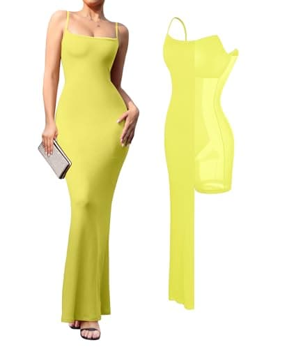 Popilush Womens Summer Yellow Maxi Dress Built in Bra Shapewear Tummy Control Bodycon Spaghetti Strap Ribbed Formal Party Dresses - Image 1