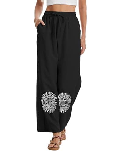 Demoking Cotton Linen Pants Women Straight Leg Casual Loose Drawstring Hippie Beach Vacation Clothes Black S - Image 1