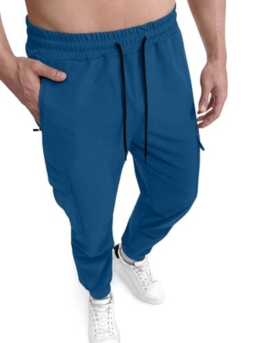 Crastimo Mens Hiking Pants Lightweight Thin Tapered Elastic Waist Drawstring Zipper Pockets Sweatpants Slim Fit Climbing Sports Cargo Joggers Blue M - Image 1