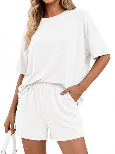 BTFBM 2 Piece Lounge Sets For Women 2026 Summer Airport Travel Vacation Outfits Loose Matching Clothing Spring Short Set(White, Medium) - Thumbnail 4