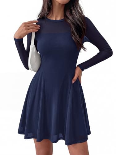 BTFBM Women’s Mini Dress Sheer Mesh Long Sleeve Flowy A Line Casual Cocktail Party Going Out Dresses 2026 Fall Fashion(Navy Blue, Small) - Thumbnail 6