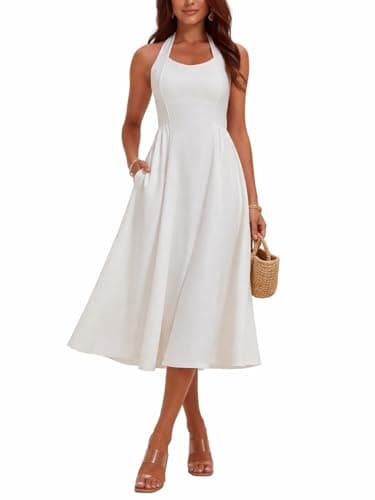 materasu Women Halter Neck Midi Dress with Pocket Backless Tie Waist Sleeveless Summer Dress White - Image 1
