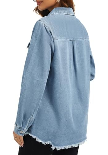Bosmeer Oversized Denim Jackets for Women Button Down Denim Jacket Western Shacket Jacket with Pockets Frayed Hem Distressed Denim Shirts Country Outfits - Thumbnail 5