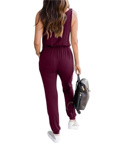 KIRUNDO Women 2026 Summer Jumpsuits Casual Sleeveless Drawstring Elastic Waist Romper Vacation Cruise Airport Travel Outfits(Wine Red, X-Large) - Thumbnail 2