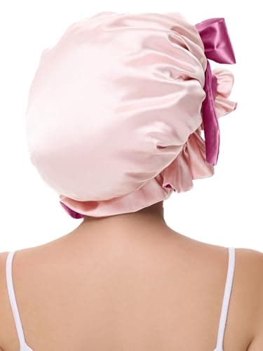 Vettres Bonnet for Sleeping, Satin Silk Hair Shower Cap Women 2026 Tie Band Adjustable Straps Head Wrap for Curly Hair Pink F - Thumbnail 4
