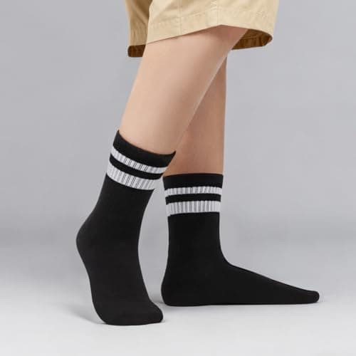 Kagcre Cotton Cushioned Crew Socks 5 Pairs, Women Men Athletic Casual Socks, Striped Retro Socks, Cozy Soft Moisture-Wicking Socks for Gym, Work, Everyday (Black+White) - Thumbnail 6