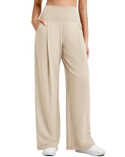 G4Free Wide Leg Yoga Pants for Women High Waist Pleated Lounge Trousers Soft Loose Fit Stretch Pull On Pants with Pockets(Light Khaki,L,30") - Image 1