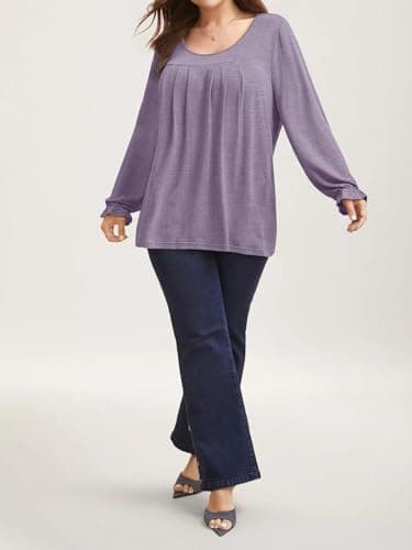 VNIRA Plus Size Long Sleeve T Shirt for Women Oversized Crew Neck Loose Fit Pleated Spring Fall Casual Tunic Top Purple 5XL - Thumbnail 4