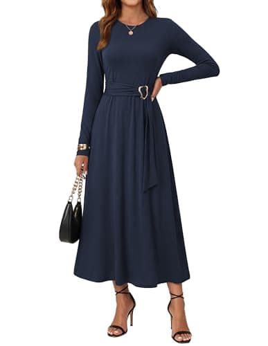 GRACE KARIN Womens Long Sleeve Maxi Dresses 2026 Casual A Line Flowy Wedding Guest Dress Fall Fashion Clothes with Pockets Navy L - Image 1