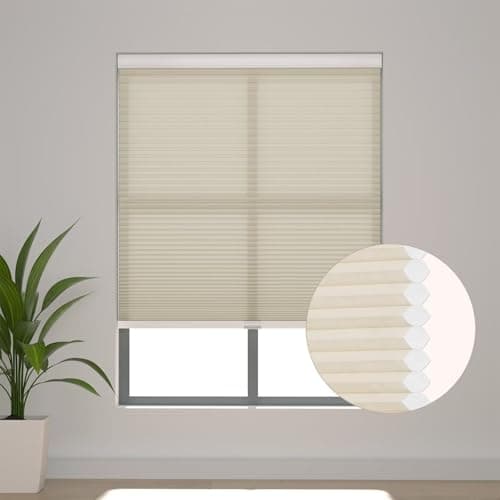 Changshade Cellular Shades Cordless Blinds for Indoor Windows, Honeycomb Blinds Pleated Window Shades Light Filtering for Bedroom, Bathroom, Shade Size 64 inch High 26 inch Wide, Beige