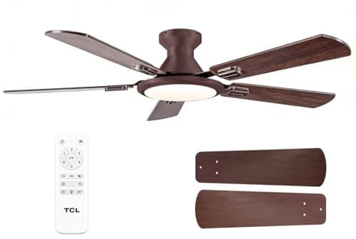 TCL 52" Ceiling Fan with Light: Wood Grain Blades Copper Bronze Finish Low Profile Ceiling Fan with Light and Remote Control Flush Mount DC Reversible Motor Noiseless 6 Speeds for Bedroom(Brown)
