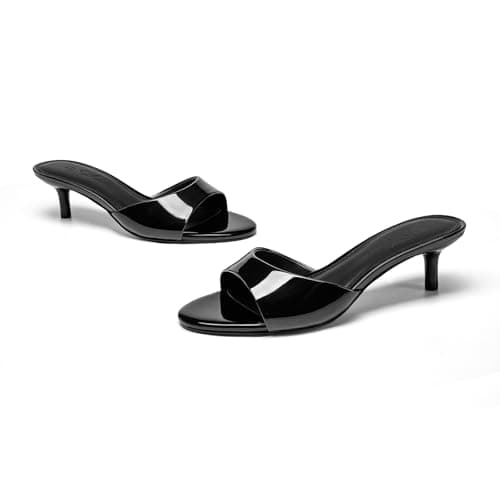 Athlefit Kitten Heels for Women Open Round Toe Comfortable Short Low Heels Summer Dressy Slip On Walking Heeled Sandals Black Patent Size 7 - Thumbnail 6