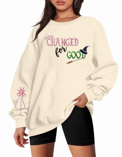 KIMSOONG Musical Movie Sweatshirt for Women: Changed for Good Embroidered Long Sleeve Crewneck Loose Pullover Top Apricot - Thumbnail 2
