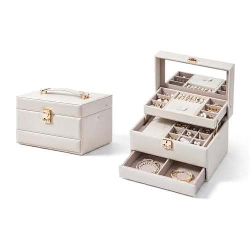 CASEGRACE Jewelry Organizer Box, 3 Layers Leather Jewelry Storage Case with Portable Jewelry Case, Removable Jewelry Tray, Home and Travels Storage, Gift for Women (white)