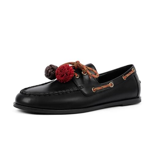 QIY Black Womens Loafers Flat Loafer Pumps for Women Lace Up Detachable Decorative Fringe Ball Loafers Business Formal Work Shoes Size 7.5 - Thumbnail 4