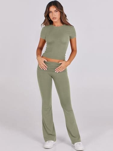 ANRABESS Lounge Sets for Women 2 Piece Foldover Yoga Flare Leggings Pants Crop Tops Casual Y2K Outfits Matching Tracksuit Set Olive Medium - Thumbnail 2