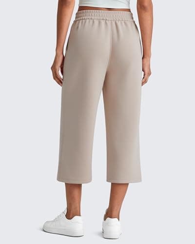 G4Free Khaki Pants for Women Capri Pants High Waist Stretchy Wide Leg Yoga Pants Loose Sweatpants Travel Lounge Pants(Light Khaki,M,Regular) - Thumbnail 6