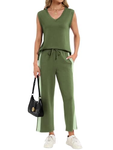 YOKGO Two Piece Sets for Women Summer Outfits V Neck Lounge Sets Business Casual Vacation Travel Matching Set - Thumbnail 2