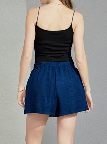 Women's 2026 Trendy Casual Deep Navy Blue Elastic Mid Waist Summer Boho Short Floral Embroidered Sequin Sparkle Glitter Party Vocation Work Office Nightwear Dating Wide Leg Shorts with Pockets L - Thumbnail 3