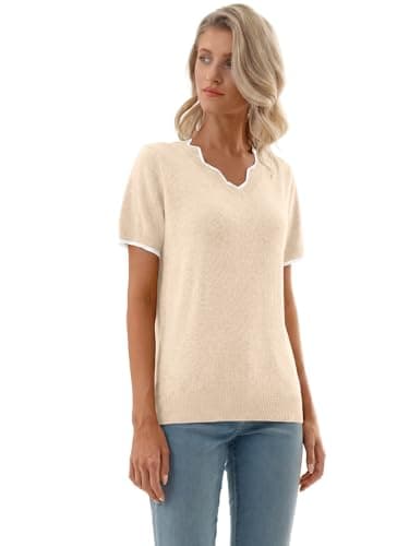 GKBK Women Short Sleeve V Neck Sweater Lightweight Pullover Top Fashion Clothing for Business Casual Work Outfits Spring Summer 2026 Apricot Medium - Thumbnail 6