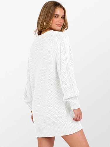 ANRABESS Womens Long Sleeve V Neck Oversized Cable Knit Mini Sweater Dresses 2026 Winter Fall Trendy Pullover Tunic Outfits White Large - Thumbnail 6