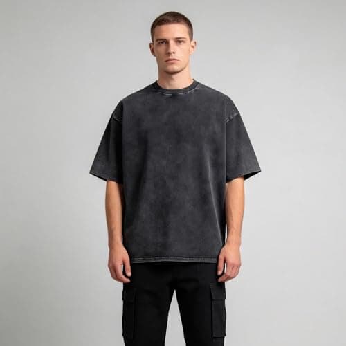 BLECIDENS Oversize Cotton T Shirts for Women Unisex Mens Acid Washed T Shirt 100% Cotton (US, Alpha, X-Large, Regular, Regular, Black) - Thumbnail 2
