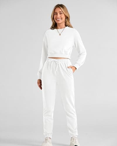 BTFBM Women 2 Piece Outfits Long Sleeve Crop Top Pullover Drawstring Pant Jogger Set Casual Sweatsuits Tracksuit Pockets(White, Large) - Thumbnail 2