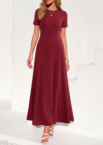 KIRUNDO Wedding Guest Dresses for Women 2026 Spring Summer Short Sleeve Pleated Long Flowy A Line Formal Maxi Dress Pockets(Burgundy, Small) - Thumbnail 2