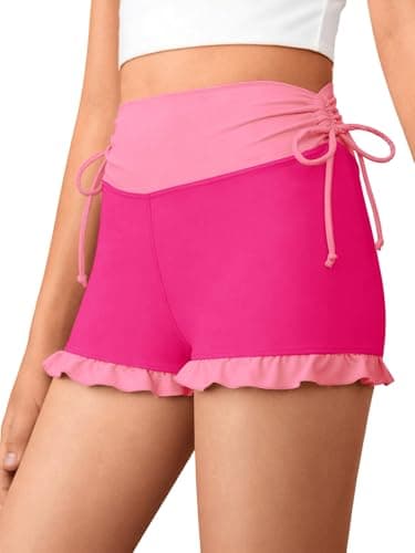 AMAWMW Girls Athletic High Waisted Ruffle Shorts Yoga Dance Cheer Shorts Teen Gymnastics Workout Shorts Pink 15-16Y